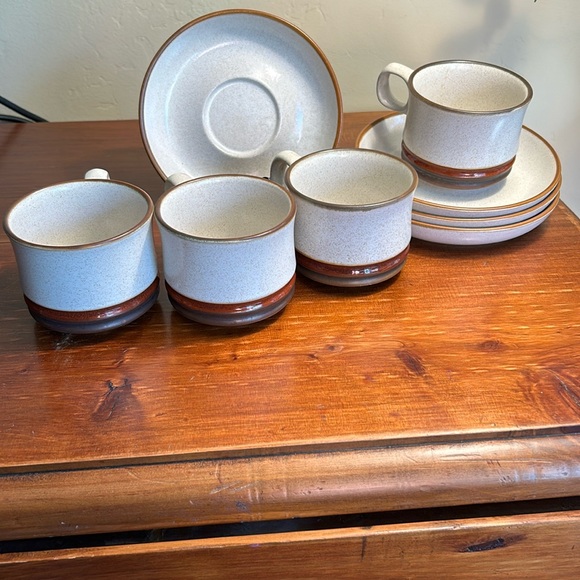 Vintage MCM Denby England Mug and Saucer Set of 4 Potter’s Wheel Stoneware - Picture 1 of 7